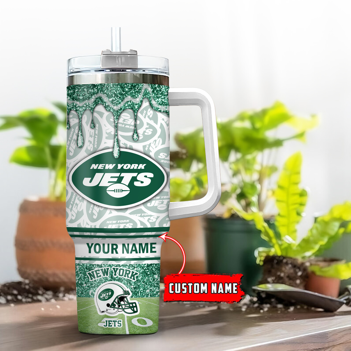 New York Jets NFL Glitter Stanley Tumbler With Handle Personalized Name St5306