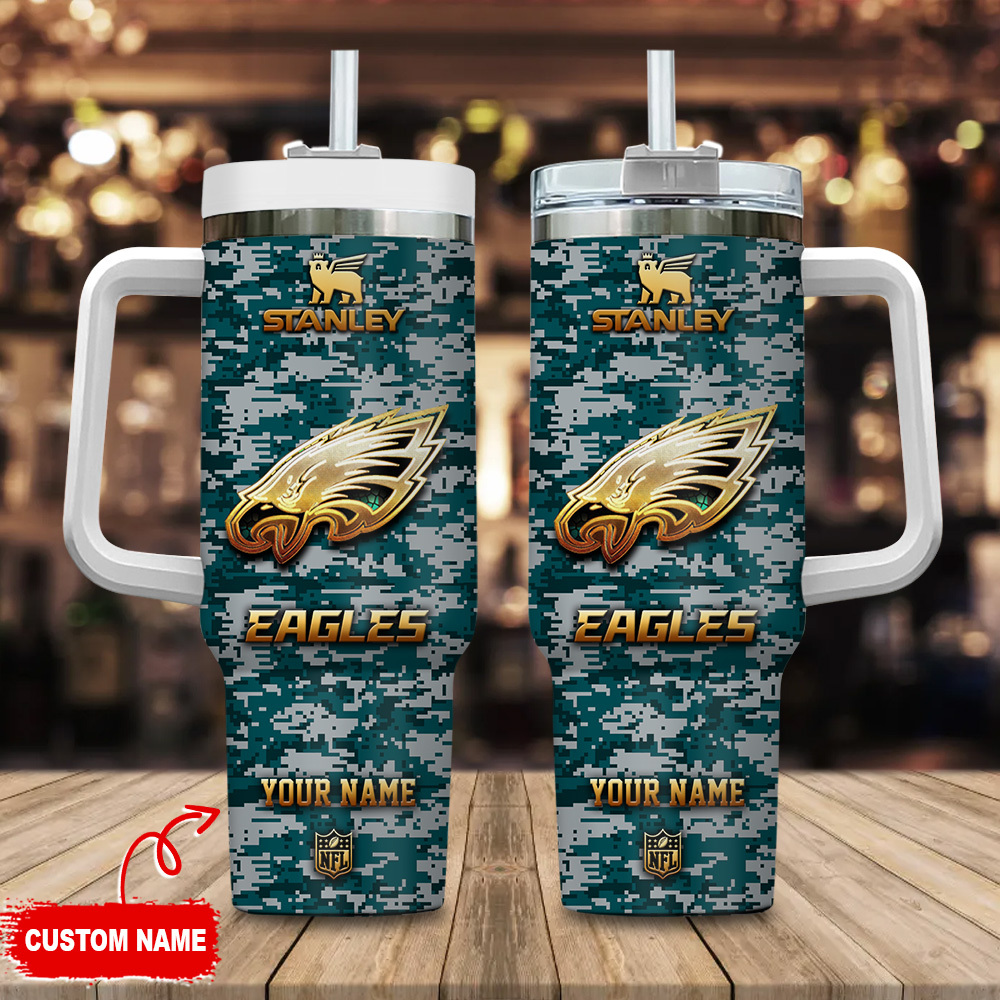 Philadelphia Eagles NFL Camouflage Golden Logo Stanley Tumbler With Handle Personalized Name St2793