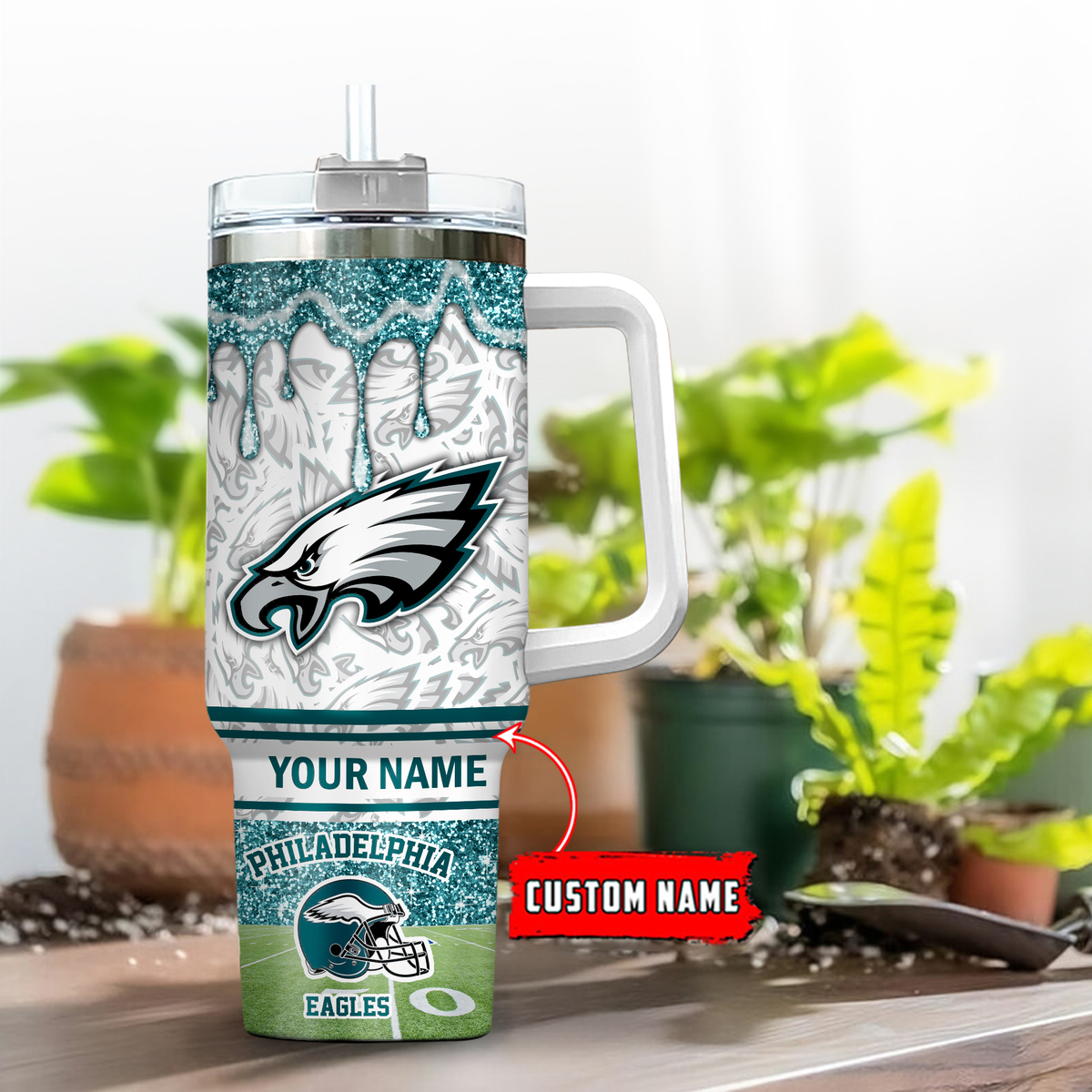 Philadelphia Eagles NFL Glitter Stanley Tumbler With Handle Personalized Name St6399