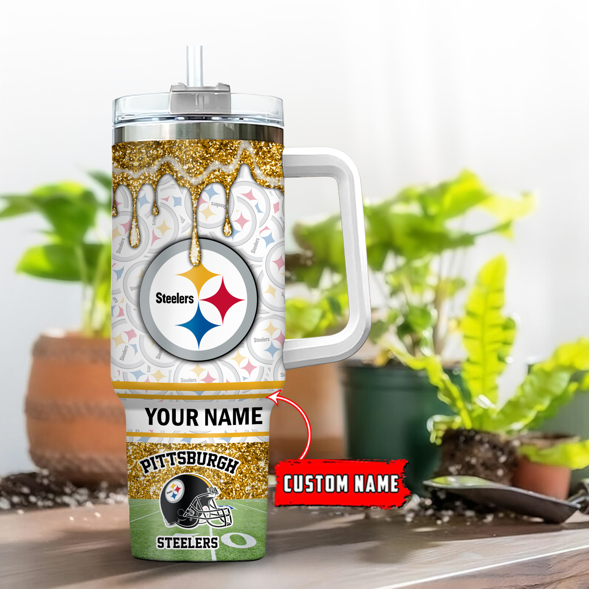 Pittsburgh Steelers NFL Glitter Stanley Tumbler With Handle Personalized Name St1647