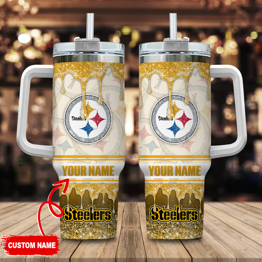 Pittsburgh Steelers NFL Glitter Stanley Tumbler With Handle Personalized Name St9492
