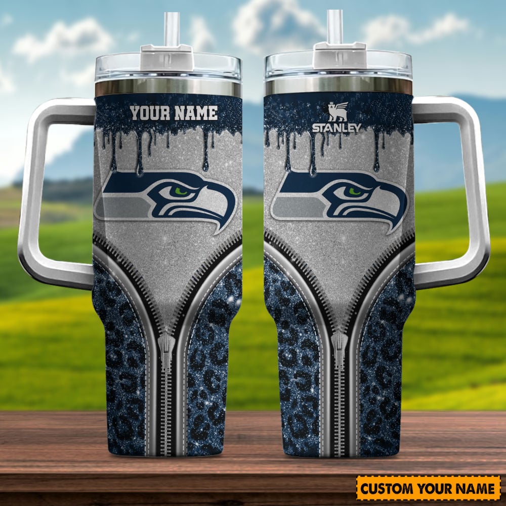 Seattle Seahawks NFL Glitter Leopard Print Stanley Tumbler With Handle Personalized Name St4033