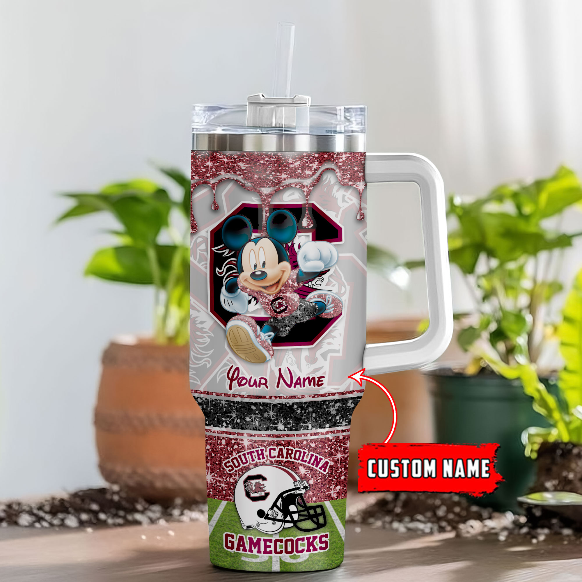 South Carolina Gamecocks NCAA Mickey Mouse Glitter Stanley Tumbler With Handle Personalized Name St8394