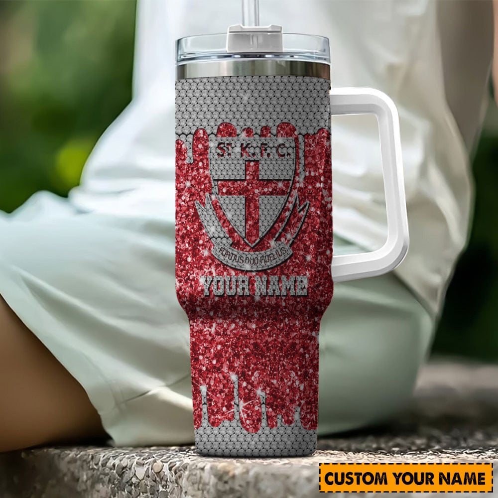 St Kilda Saints AFL Glitter Stanley Tumbler With Handle Personalized Name St3112