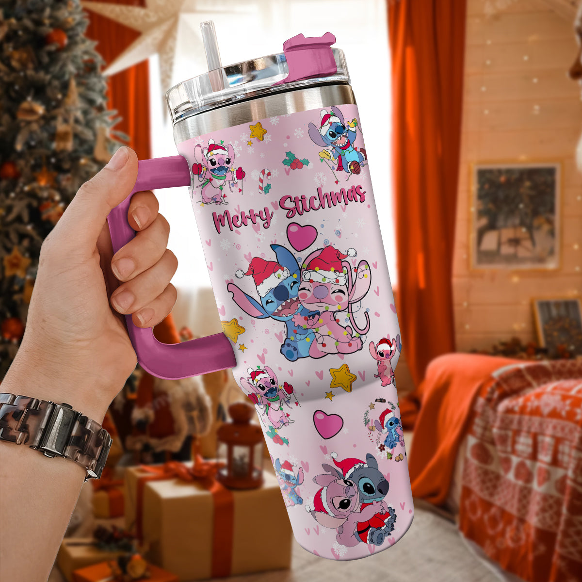 Stitch Cartoon Christmas Stanley Tumbler With Handle Personalized Name St3959