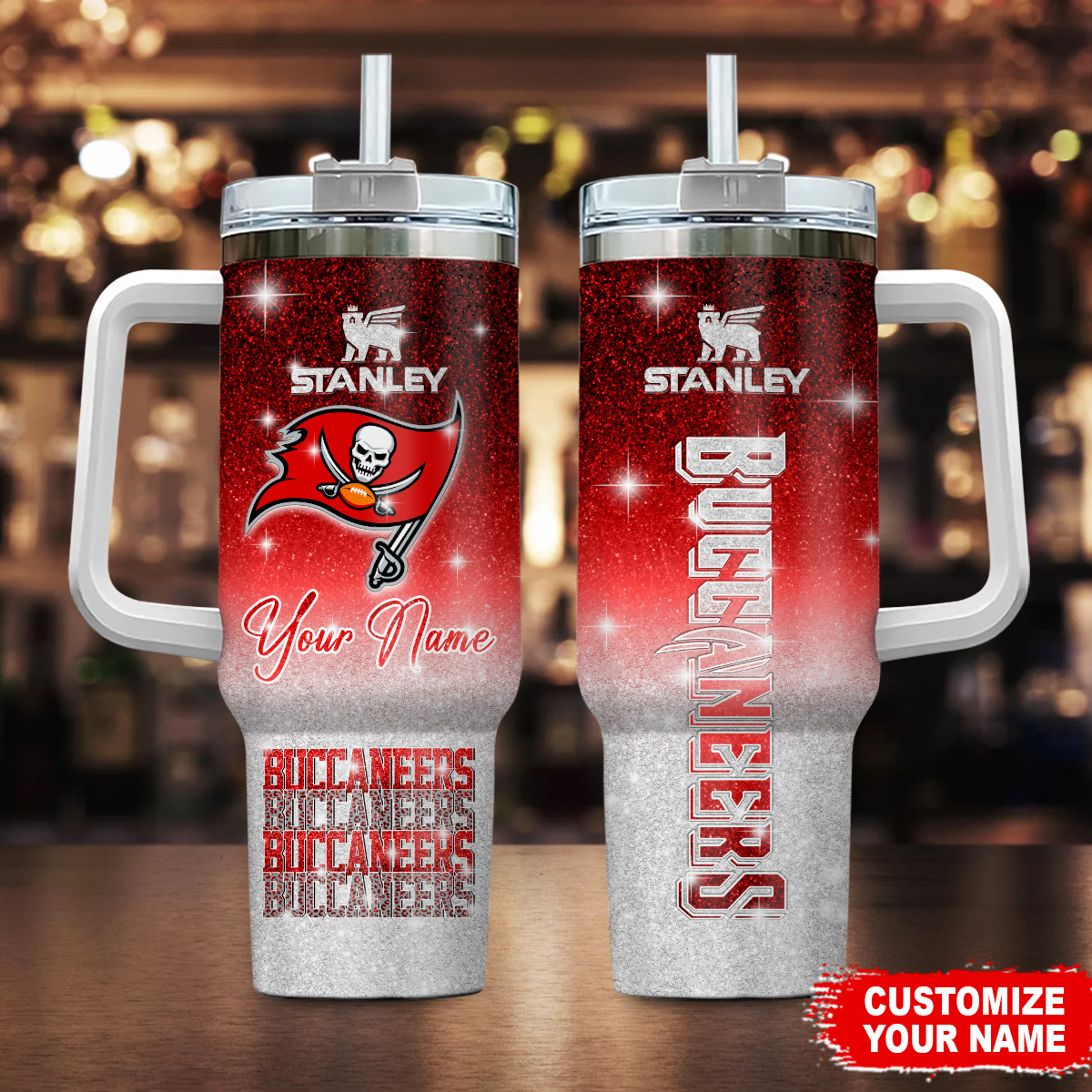 Tampa Bay Buccaneers NFL Glitter Stanley Tumbler With Handle Personalized Name St1748
