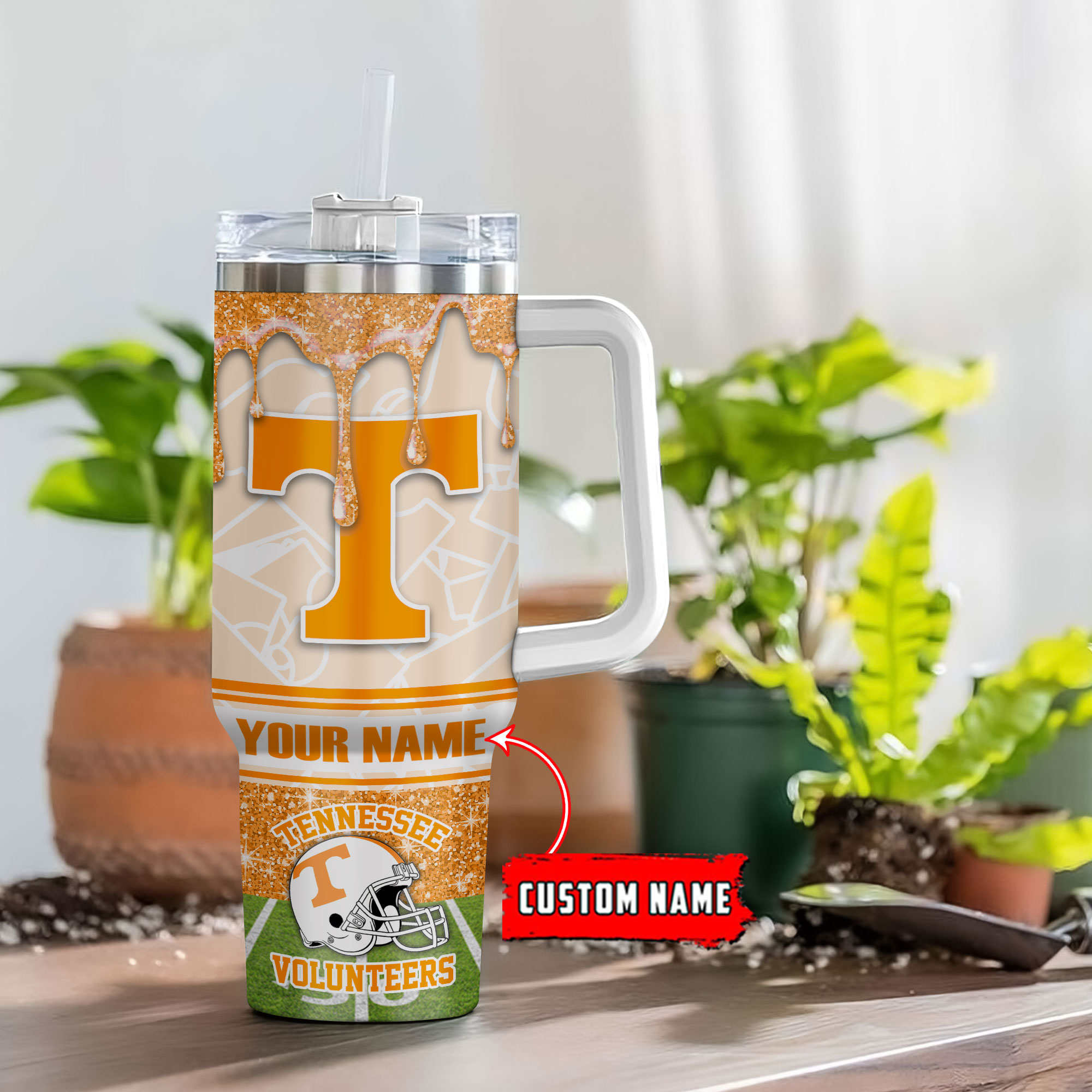Tennessee Volunteers NCAA Glitter Stanley Tumbler With Handle Personalized Name St1584