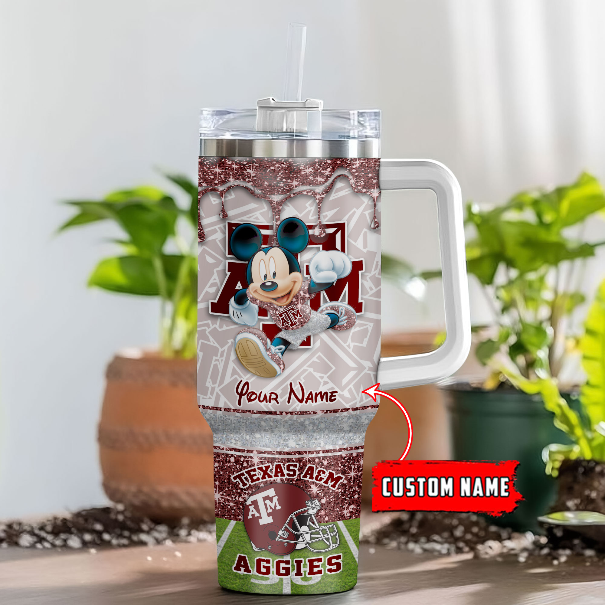Texas A&M Aggies NCAA Mickey Mouse Glitter Stanley Tumbler With Handle Personalized Name St9219