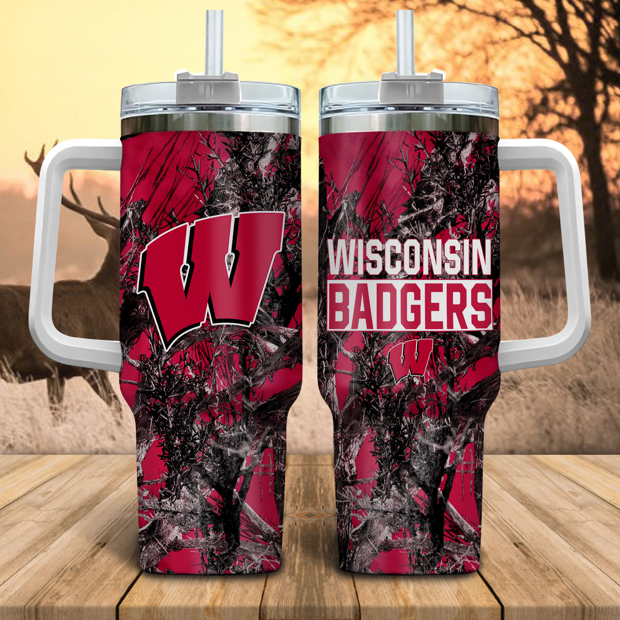 Wisconsin Badgers NCAA Hunting Stanley Tumbler With Handle Personalized Name St1538
