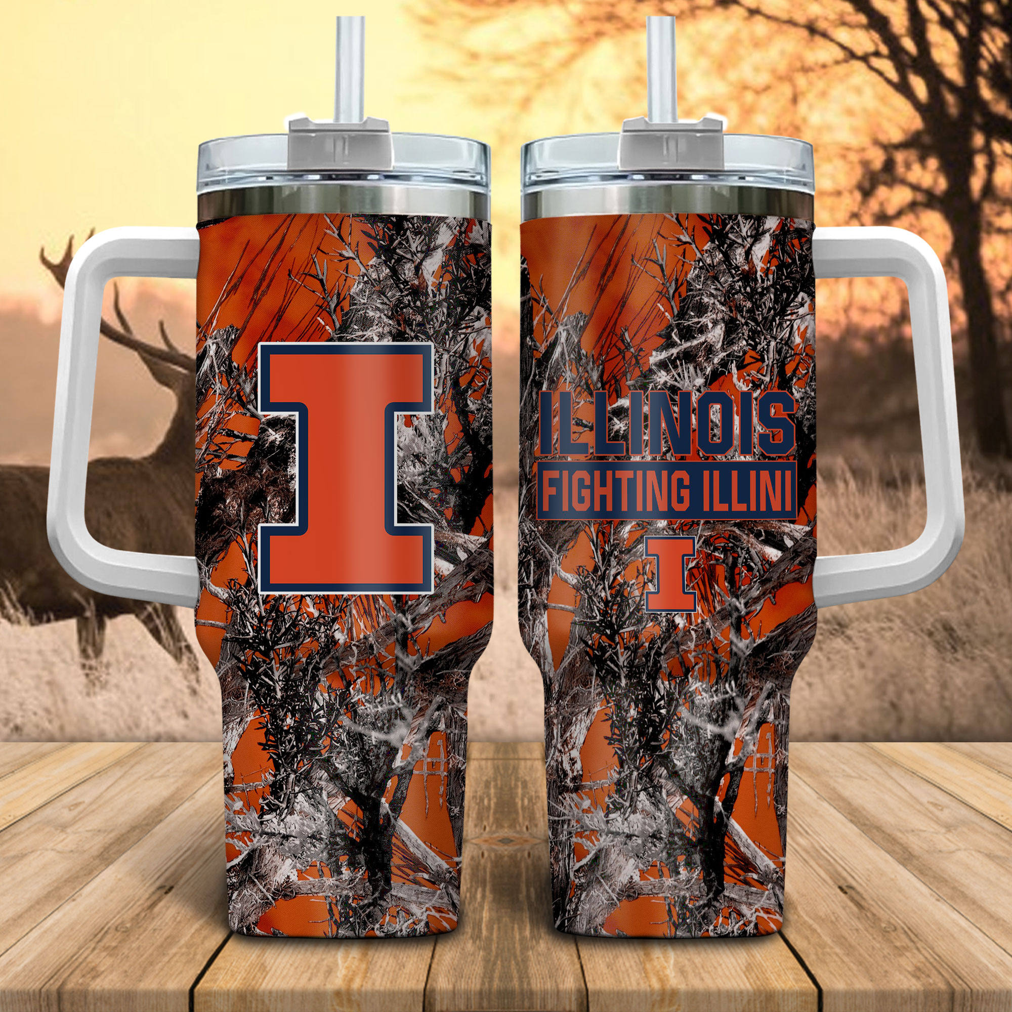 llinois Fighting Illini NCAA Hunting Stanley Tumbler With Handle Personalized Name St5049